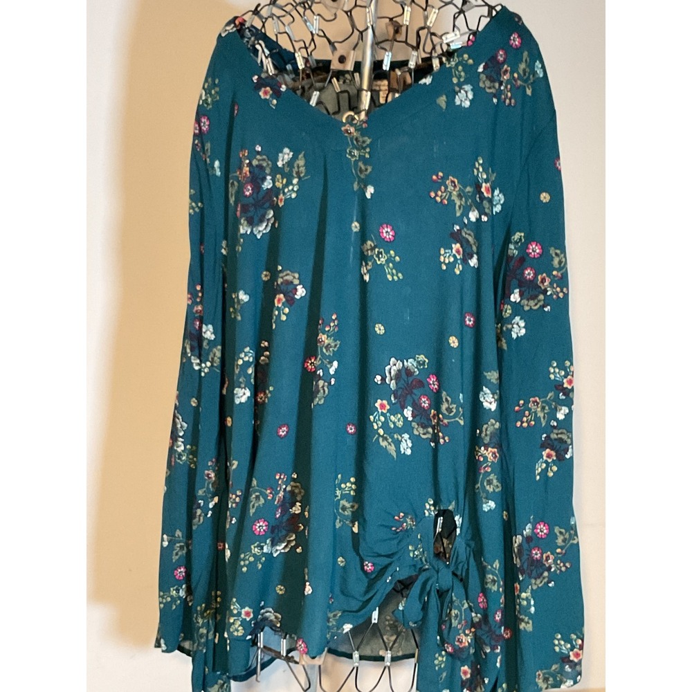 Eyeshadow Floral V-Neck Side Tie Top Teal Green Plus Size 0X B2436MY91 NWT